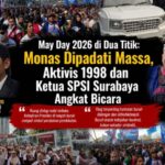 Ribuan buruh memadati Monumen Nasional saat May Day 2026, sementara Sunowo dan Eko Gagak menyuarakan tuntutan kesejahteraan pekerja.