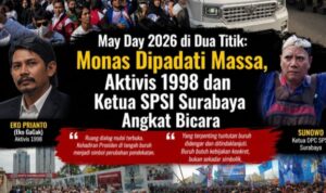 Ribuan buruh memadati Monumen Nasional saat May Day 2026, sementara Sunowo dan Eko Gagak menyuarakan tuntutan kesejahteraan pekerja.
